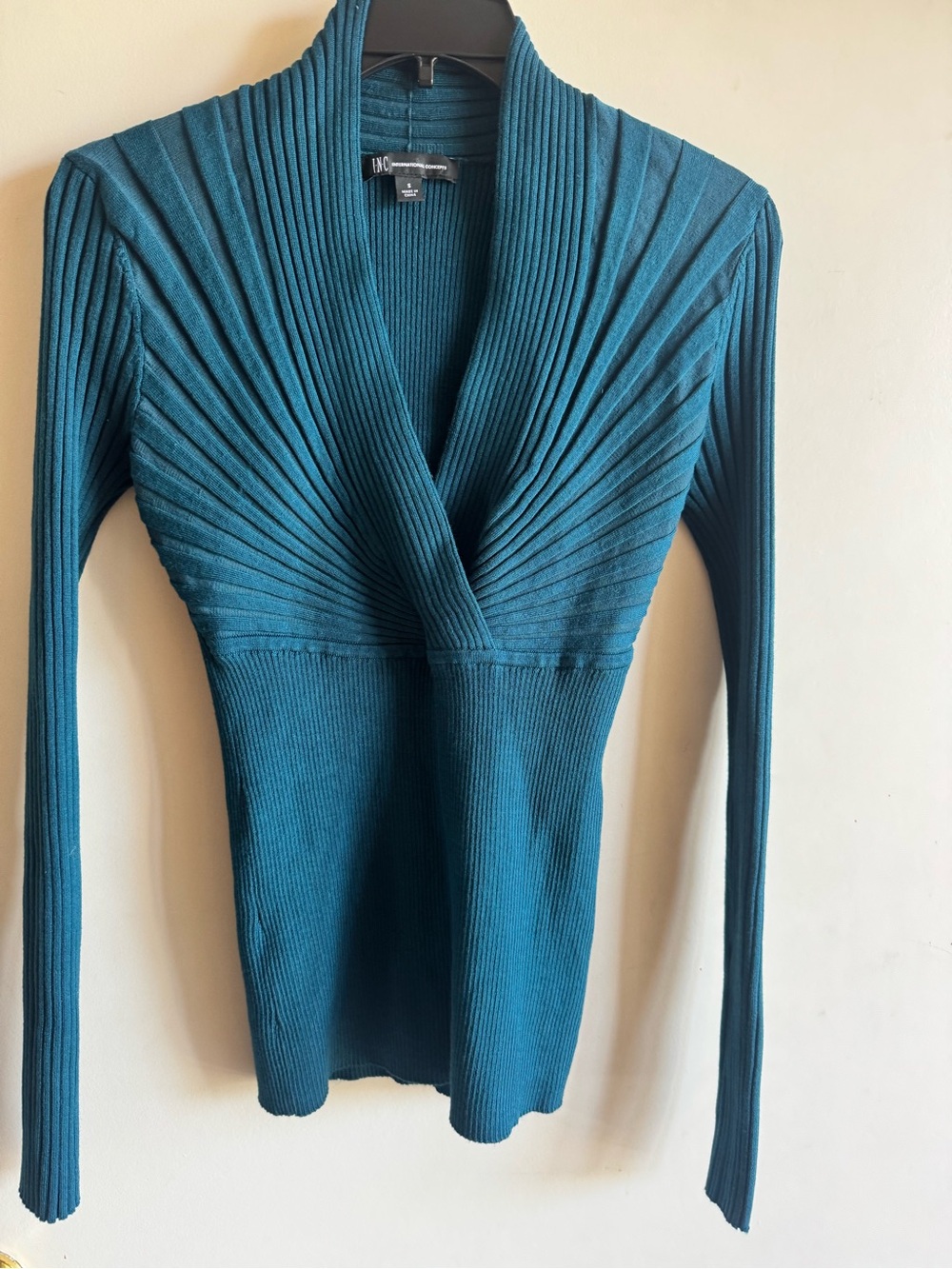 INC Teal Ribbed V-Neck Long-Sleeve Top Size S New no tag